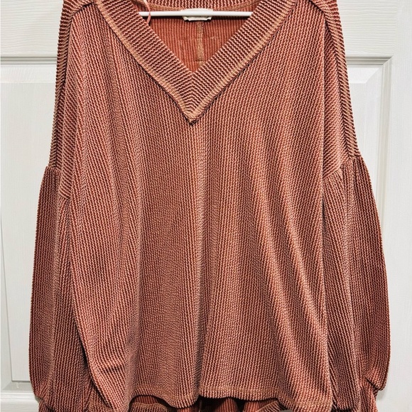 new in Tops - New In Rust V-Neck Textured Sweater with Flared Sleeves